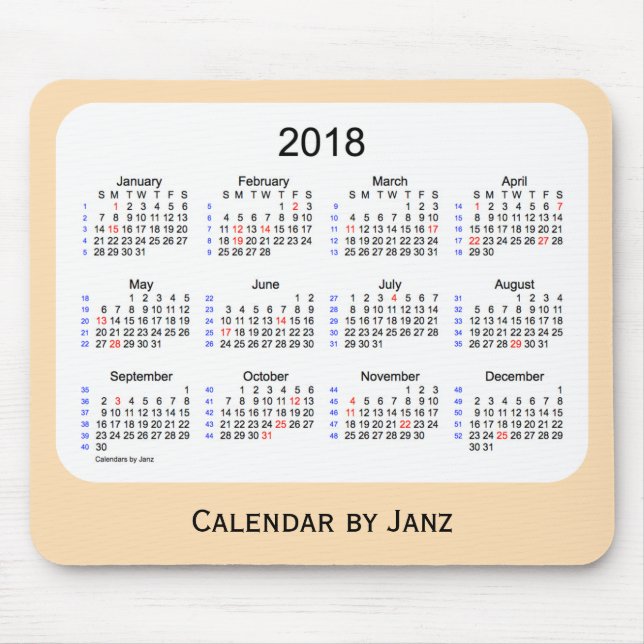 2018 Holiday 52 Weeks Wheat Calendar by Janz Mouse Pad (Front)