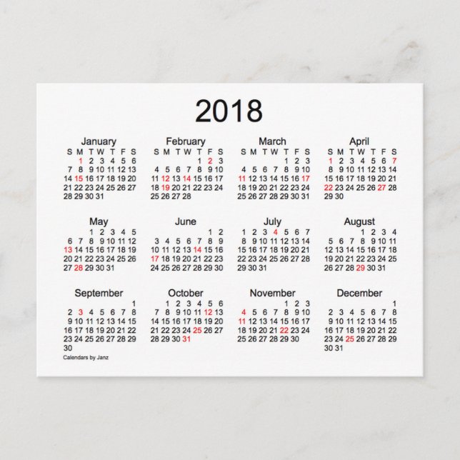 2018 Holiday Mini Calendar by Janz Postcard (Front)