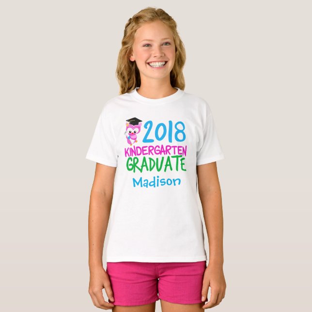 2018 Kindergarten Graduate Custom Pink Owl T-Shirt (Front Full)
