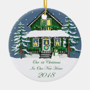 2018 New Home Christmas Snowman Cabin Ceramic Ornament