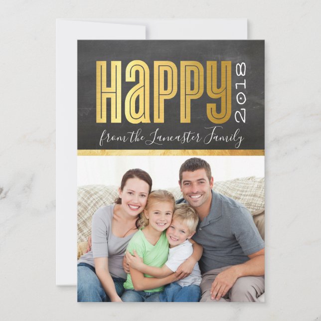 2018 NEW YEAR PHOTO stylish gold foil chalkboard Holiday Card (Front)