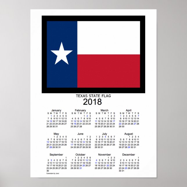 2018 Texas State Flag Holiday Calendar by Janz Poster (Front)