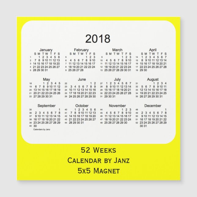 2018 Yellow 52 Weeks Calendar by Janz (Front)