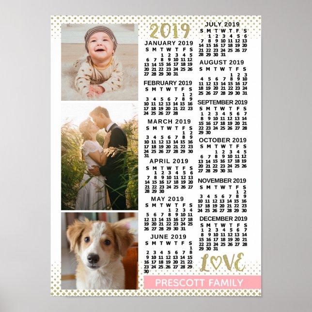 2019 Calendar Blush Pink Gold Family Photo Collage Poster (Front)