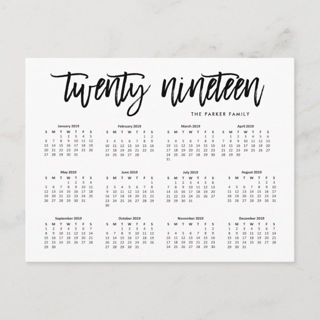 2019 Calendar | Modern Typography Postcard (Front)