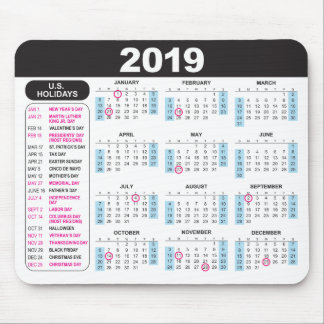 2019 Calendar Mousepad with U.S. Holidays