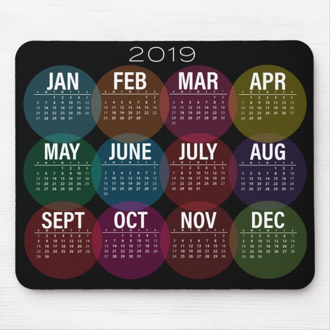 2019 Colourful Calendar on Black Mouse Pad (Front)