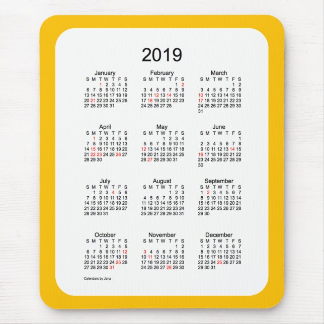2019 Gold Holiday Calendar by Janz Mouse Pad (Front)