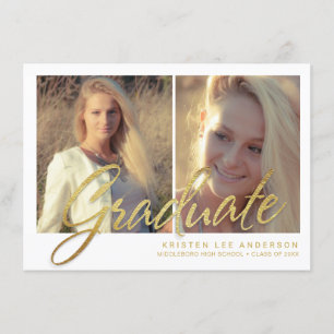 2019 Graduation Faux Gold Foil 2-Photo Script Invitation