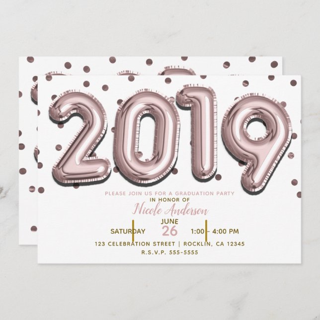 2019 GRADUATION PARTY Rose Gold Confetti Balloons Invitation (Front/Back)
