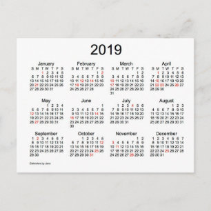 2019 Mini Calendar with Holidays Holiday Postcard