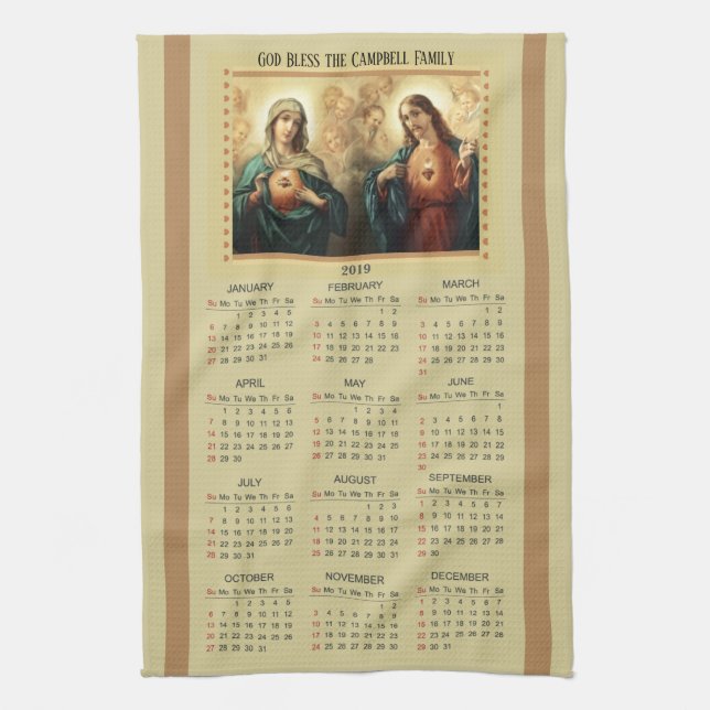 2019 Sacred Heart of Jesus & Mary Calendar Kitchen Towel (Vertical)