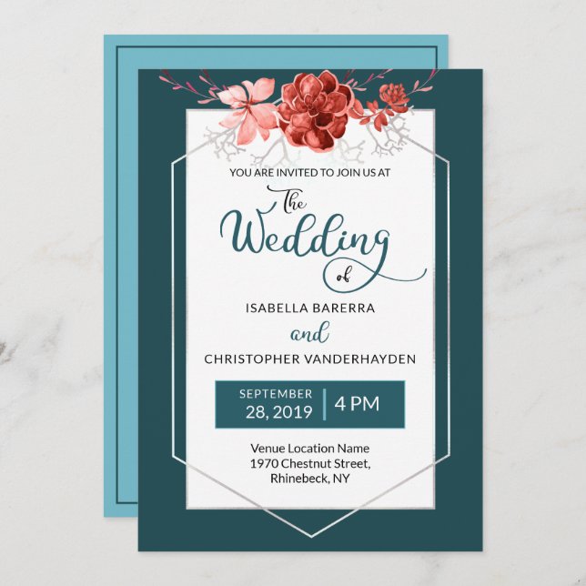2019 Teal & Coral Floral Geometric Photo Wedding Invitation (Front/Back)