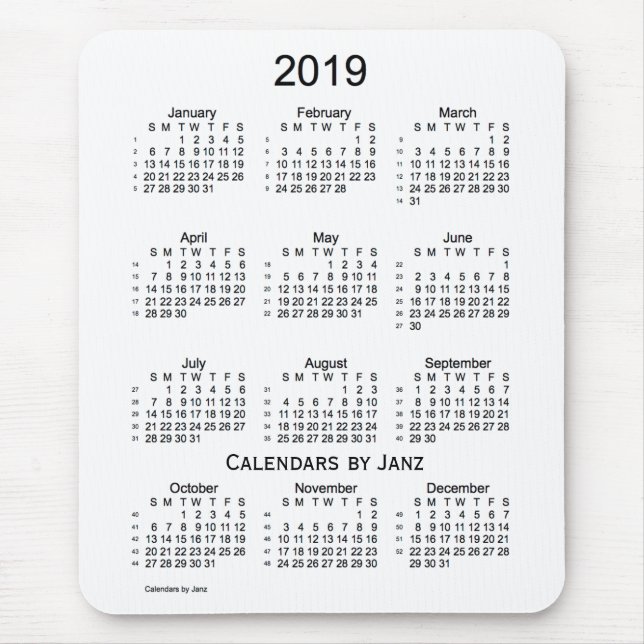 2019 White 52 Week Calendar by Janz Mouse Pad (Front)