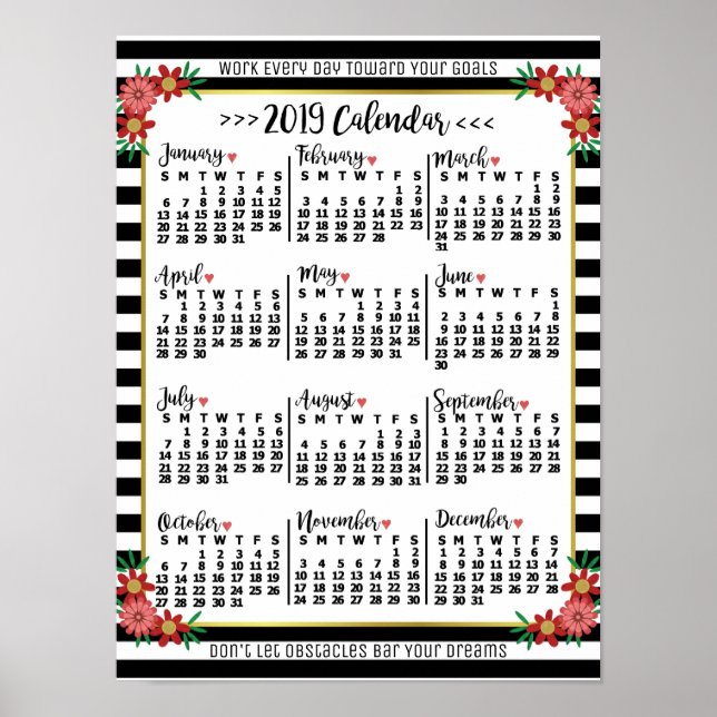 2019 Year Calendar Floral Stripes | Custom Text Poster (Front)