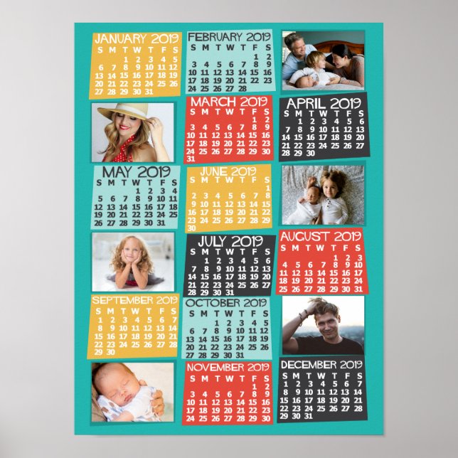 2019 Year Monthly Calendar Modern Photo Collage Poster (Front)