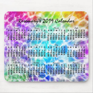 2019 Year Monthly Calendar Tiedye Hippie Rainbow Mouse Pad