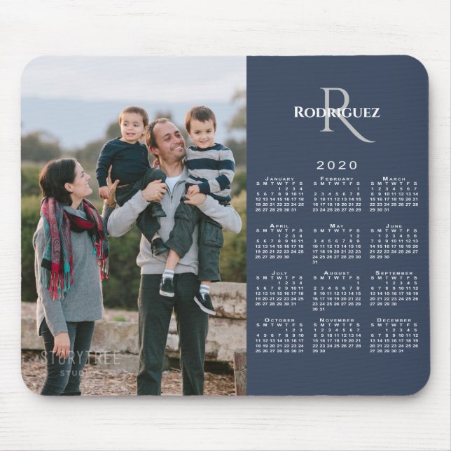 2020 Calendar Custom Photo Monogram Name on Blue Mouse Pad (Front)