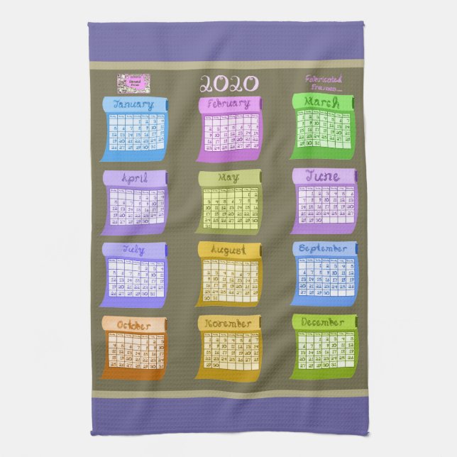 2020 calendar fabric letters numbers colour months kitchen towel (Vertical)