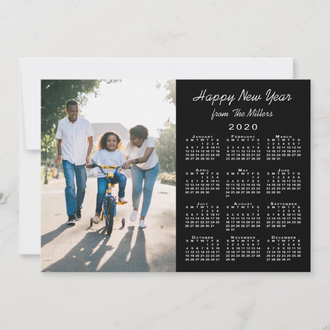 2020 Calendar Modern Black 2 Photo Happy New Year Holiday Card (Front)