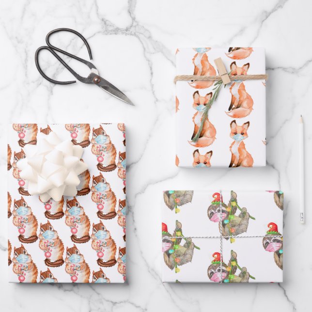 2020 Covid  Christmas Face mask Animals Cute Wrapping Paper Sheet (Front)