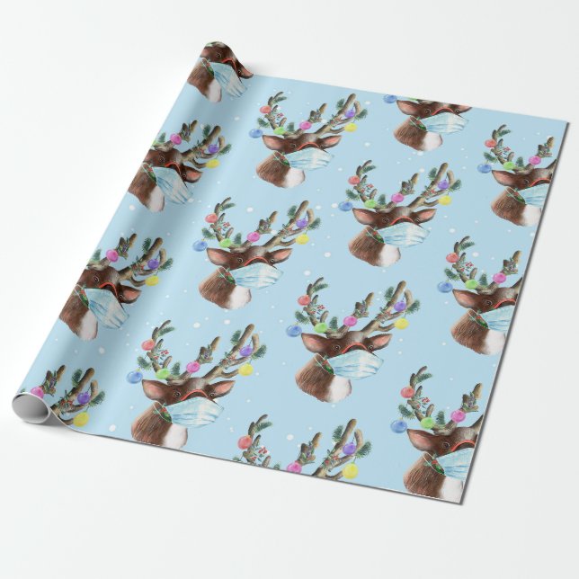 2020 Covid Rudolph Reindeer Christmas Face Mask Wrapping Paper (Unrolled)