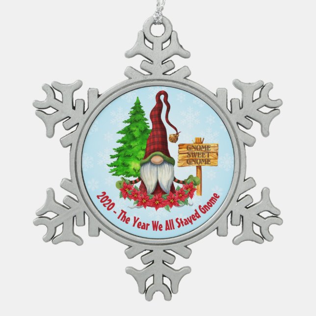 2020 - The Year We All Stayed Gnome Snowflake Pewter Christmas Ornament (Front)