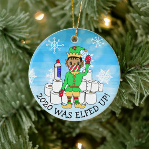 2020 was Elfed Up, Funny Ethnic Elf in Facemask Ceramic Ornament