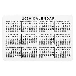 2020 Year Monthly Calendar Classic White and Black Magnet