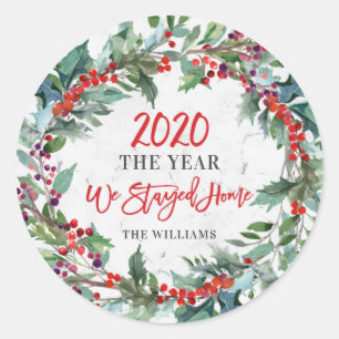 2020 Year We Stayed Home Holly Wreath Christmas Classic Round Sticker