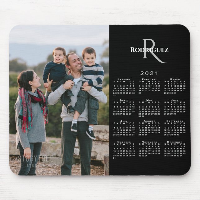 2021 Calendar Custom Photo Monogram Name on Black Mouse Pad (Front)