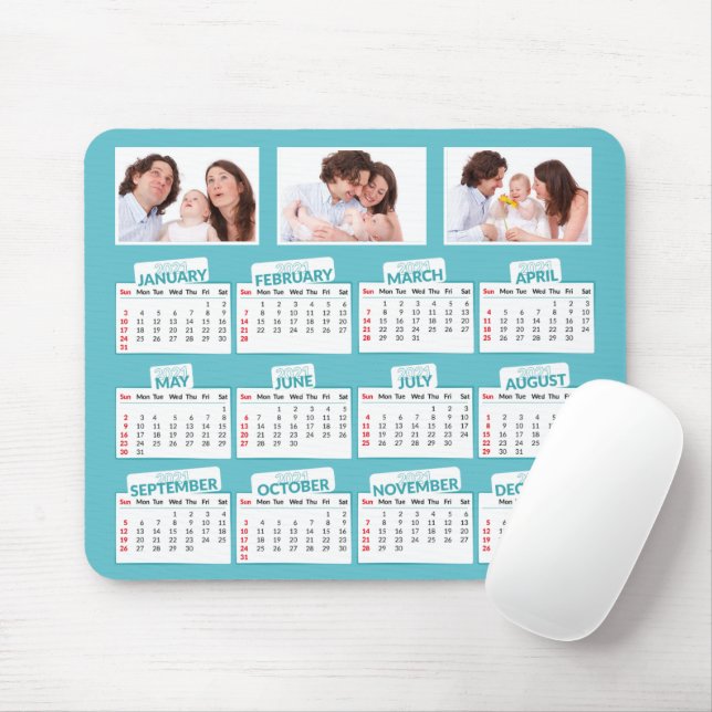 2021 Calendar Custom Photo Trio Teal Mouse Pad (With Mouse)