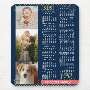 2021 Calendar Navy Coral Gold Family Photo Collage Mouse Pad