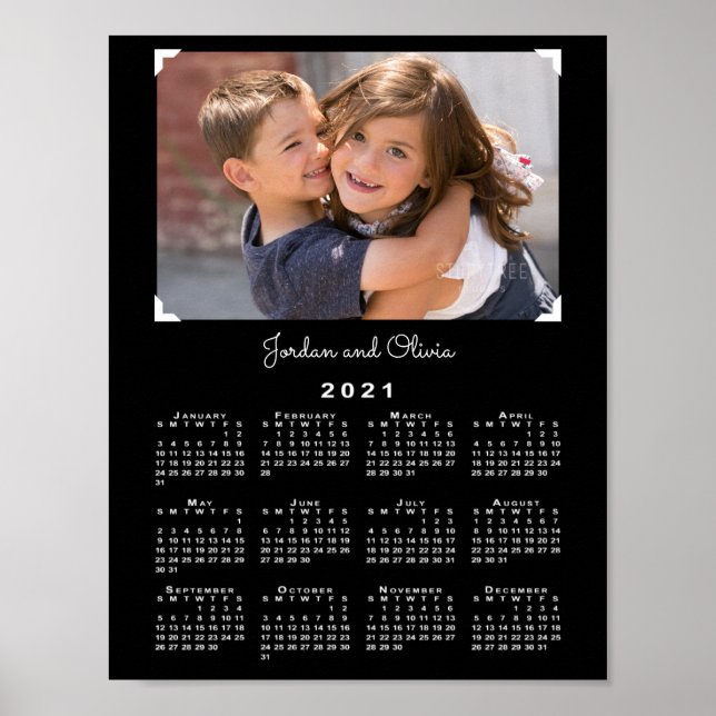 2021 Calendar with Your Photo and Name on Black Poster (Front)
