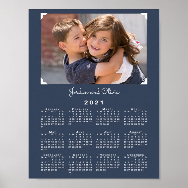 2021 Calendar with Your Photo and Name on Navy Poster (Front)