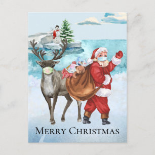 2021 Covid Santa Reindeer Watercolor Christmas Postcard