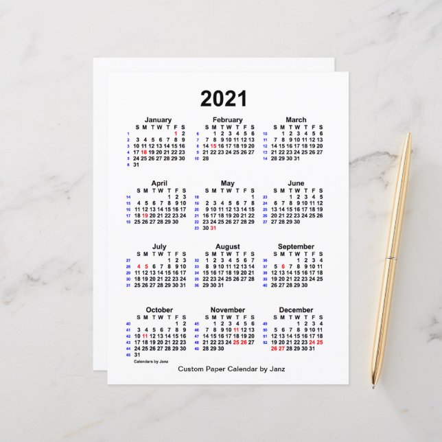 2021 Custom Holiday 52 Week Calendar by Janz  (Front/Back In Situ)