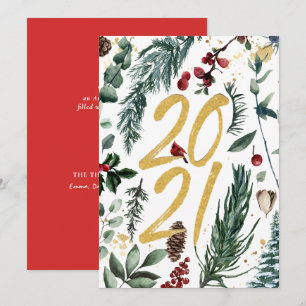 2021 Festive Pine Bough Magnolia Red Berry Holiday Card