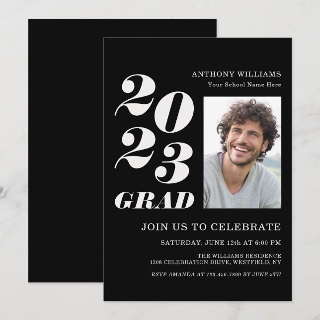 2021 Grad Party Bold Text on Black with Your Photo Invitation (Front/Back)