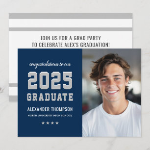 2021 Graduate Navy Grey Graduation Party Photo Invitation