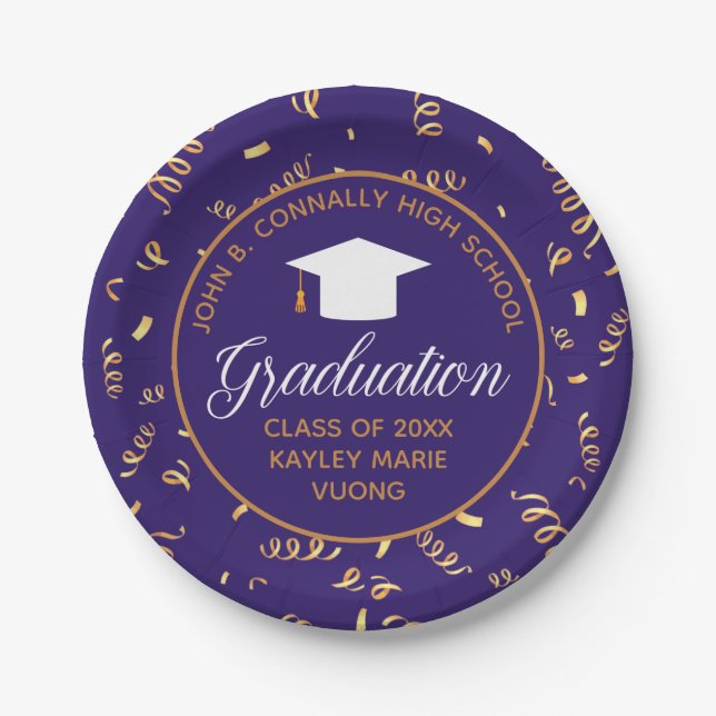 2021 Graduation Purple Gold Custom Streamers Party Paper Plate (Front)