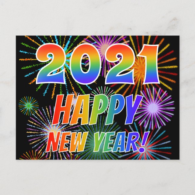 2021 HAPPY NEW YEAR!, Colourful Fireworks Pattern Postcard (Front)