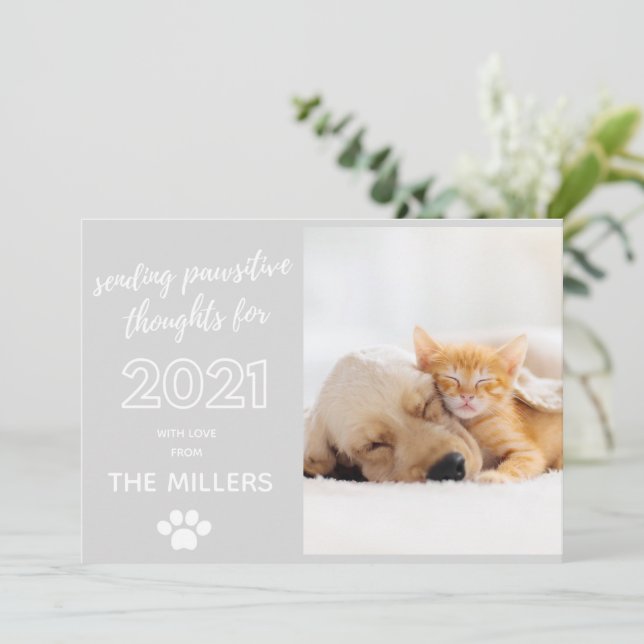 2021 happy new year pawsitive thoughts funny pet holiday card (Standing Front)
