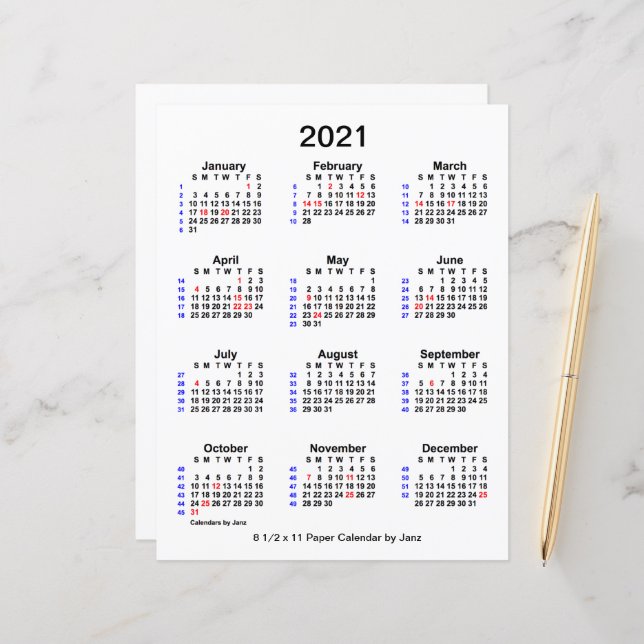 2021 Holiday 52 Week Calendar by Janz 8.5x11 Paper (Front/Back In Situ)