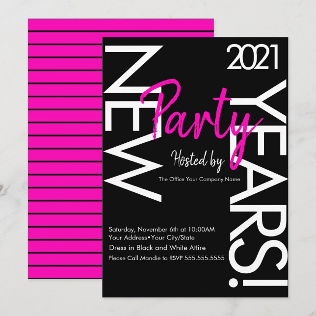 2021 Neon New Years Party Pink White Typography Invitation (Front/Back)