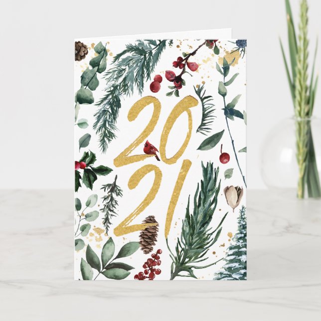 2021 New Year | Festive Pine Bough Gold Business Holiday Card (Front)