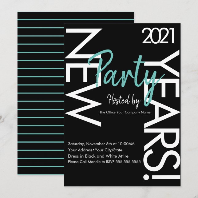 2021 New Years White Teal Typography Company Event Invitation (Front/Back)