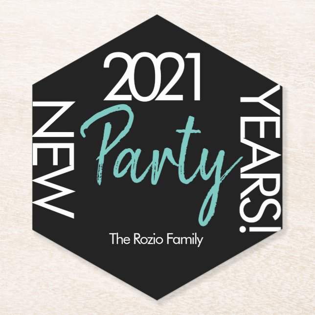 2021 New Years White Teal Typography Party Paper Coaster (Front)