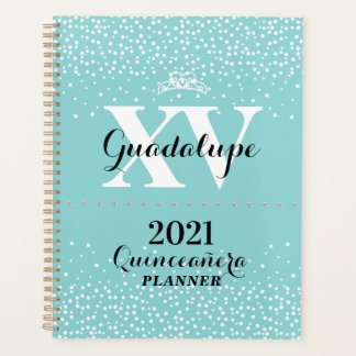 2021 Teal Aqua Blue Silver Glitter XV Quinceañera Planner