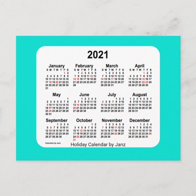 2021 Turquoise Holiday Mini Calendar by Janz Postcard (Front)